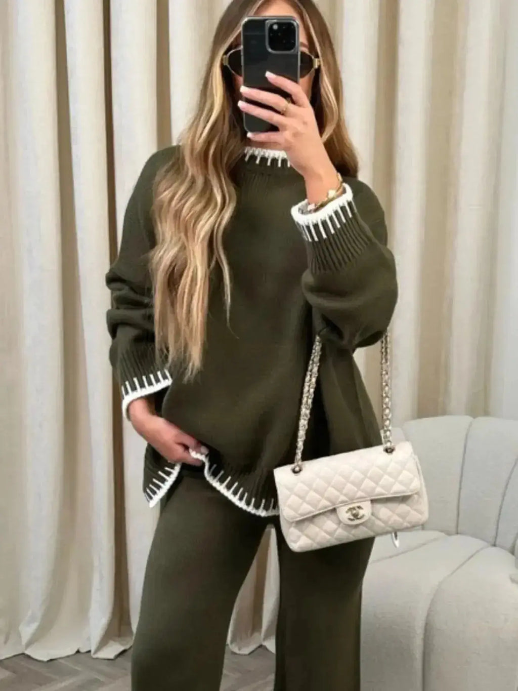 Contrast Trim Round Neck Top and Pants Sweater Set - Plush Fashion Hub