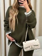 Contrast Trim Round Neck Top and Pants Sweater Set - Plush Fashion Hub