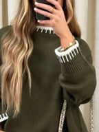 Contrast Trim Round Neck Top and Pants Sweater Set - Plush Fashion Hub