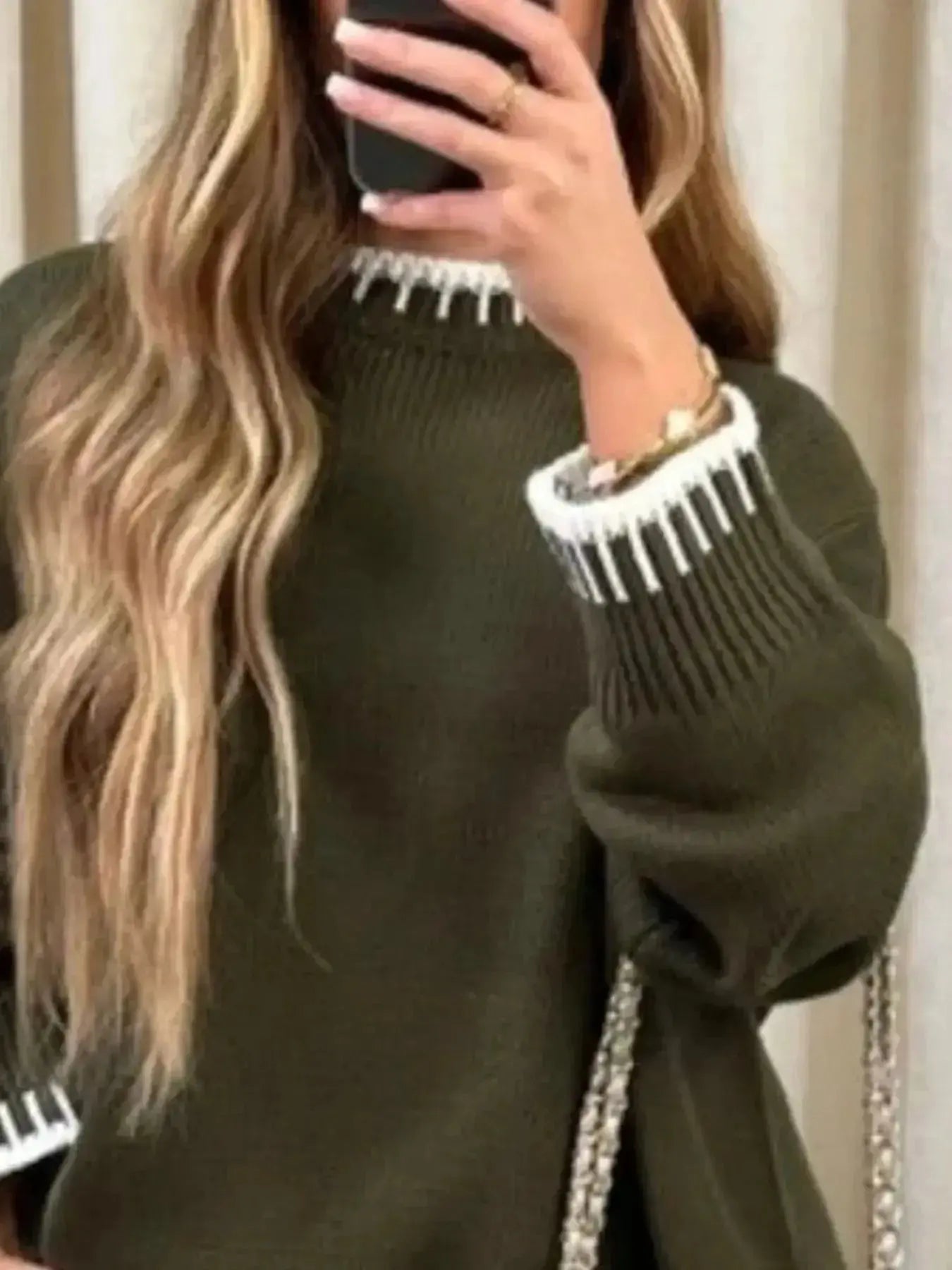Contrast Trim Round Neck Top and Pants Sweater Set - Plush Fashion Hub