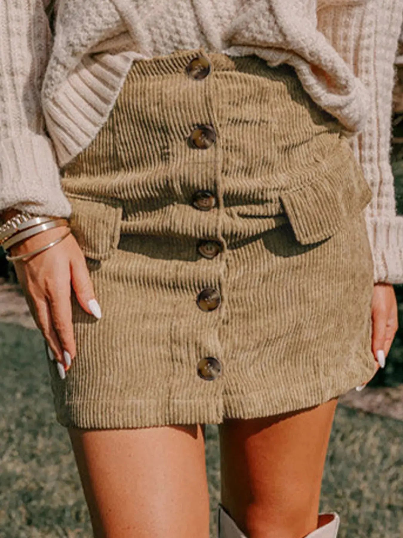 Corduroy Buttoned Front Mini Skirt - Plush Fashion Hub