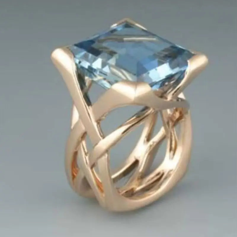 Creative Hollowed-out Gold-inlaid Square Ring With A Blue Stone Plush Fashion Hub