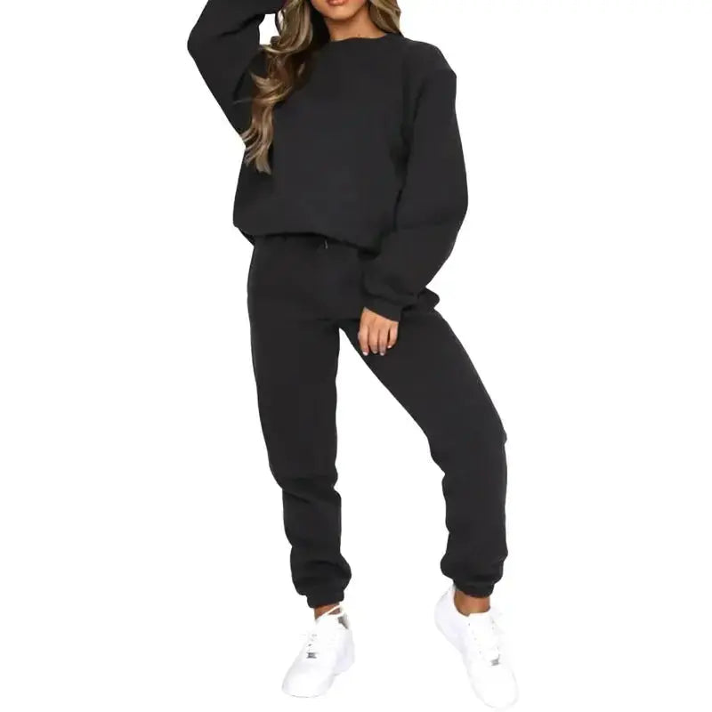 Crew Neck Pullover Sweatshirt Fleece-lined Fashion Casual Sweater Sweatpants Two-piece Set - Plush Fashion Hub