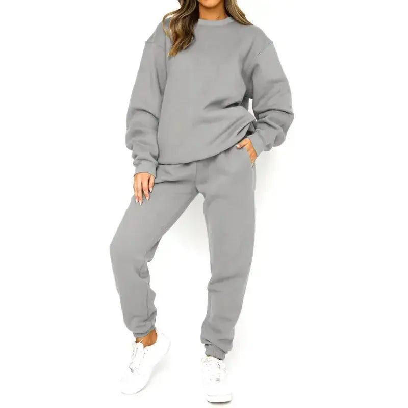 Crew Neck Pullover Sweatshirt Fleece-lined Fashion Casual Sweater Sweatpants Two-piece Set - Plush Fashion Hub