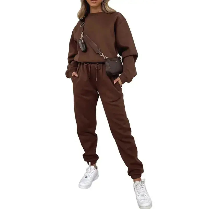 Crew Neck Pullover Sweatshirt Fleece-lined Fashion Casual Sweater Sweatpants Two-piece Set - Plush Fashion Hub