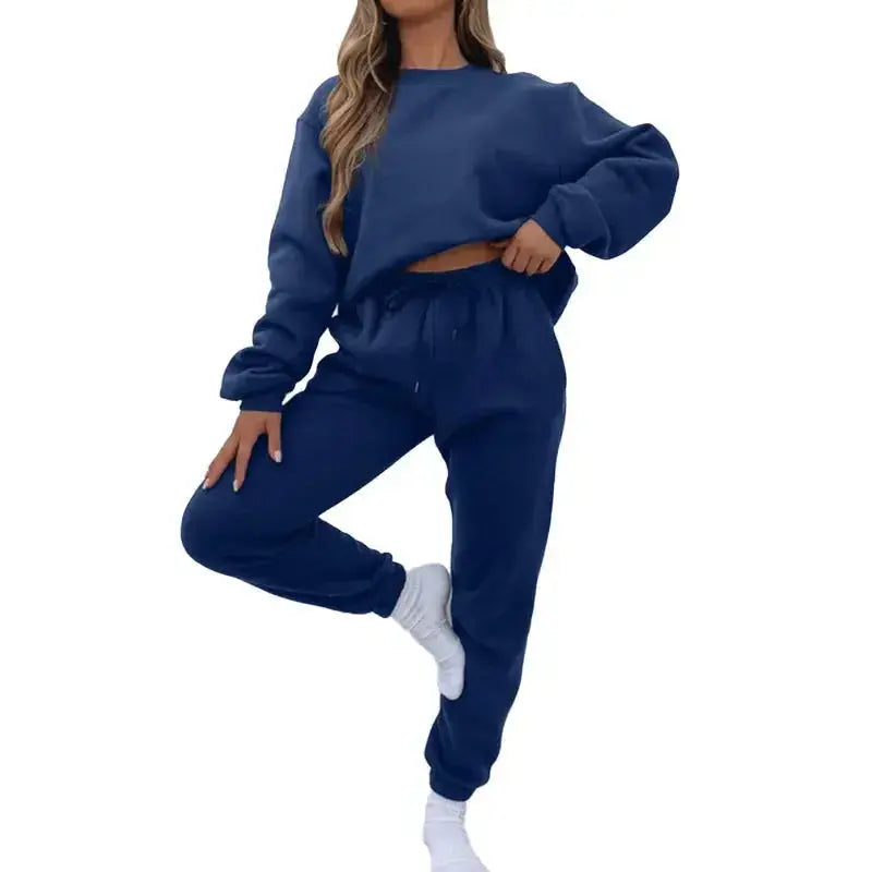 Crew Neck Pullover Sweatshirt Fleece-lined Fashion Casual Sweater Sweatpants Two-piece Set - Plush Fashion Hub
