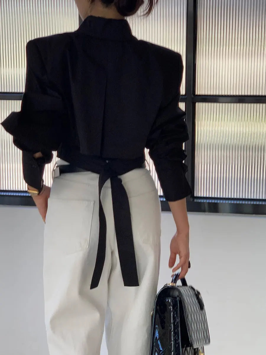 Cutout Back Tie Button Oversized Cropped Shirt Plush Fashion Hub