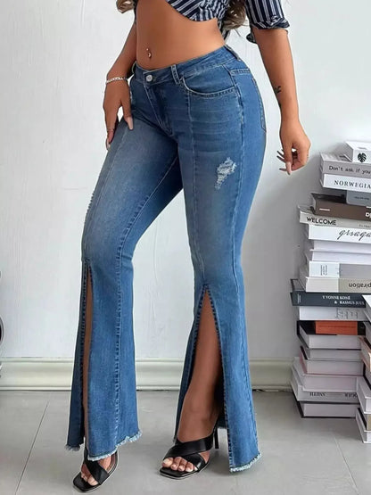 Distressed Slit Flare Jeans - Plush Fashion Hub