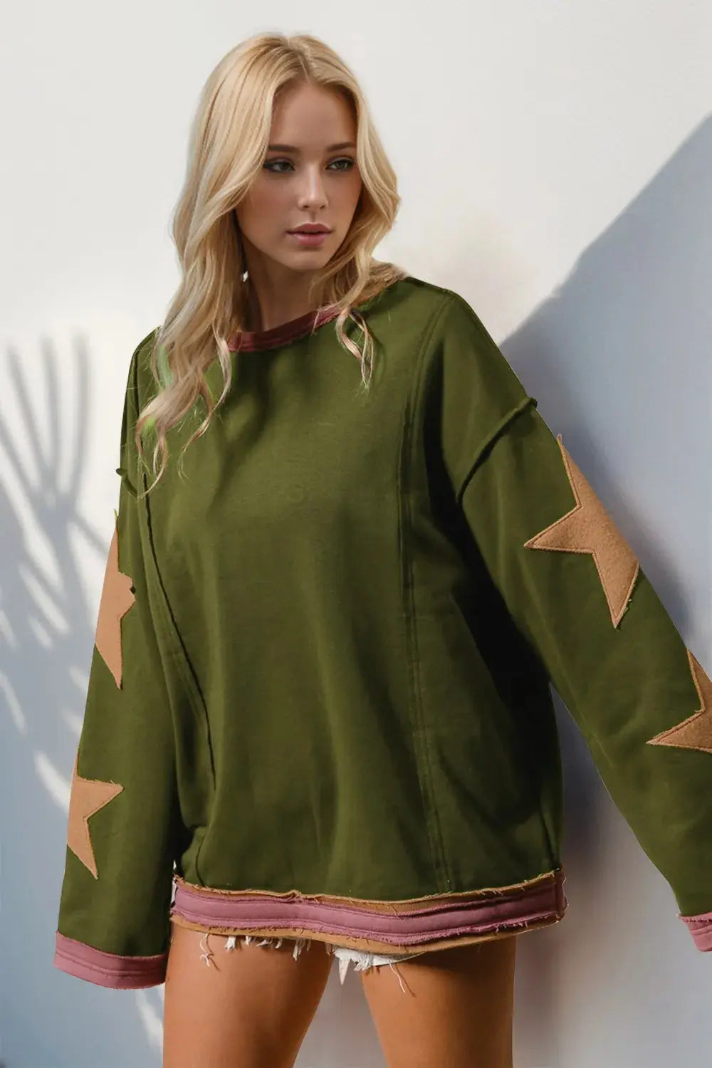 Double Take Star Patched Long Sleeve Sweatshirt - Plush Fashion Hub
