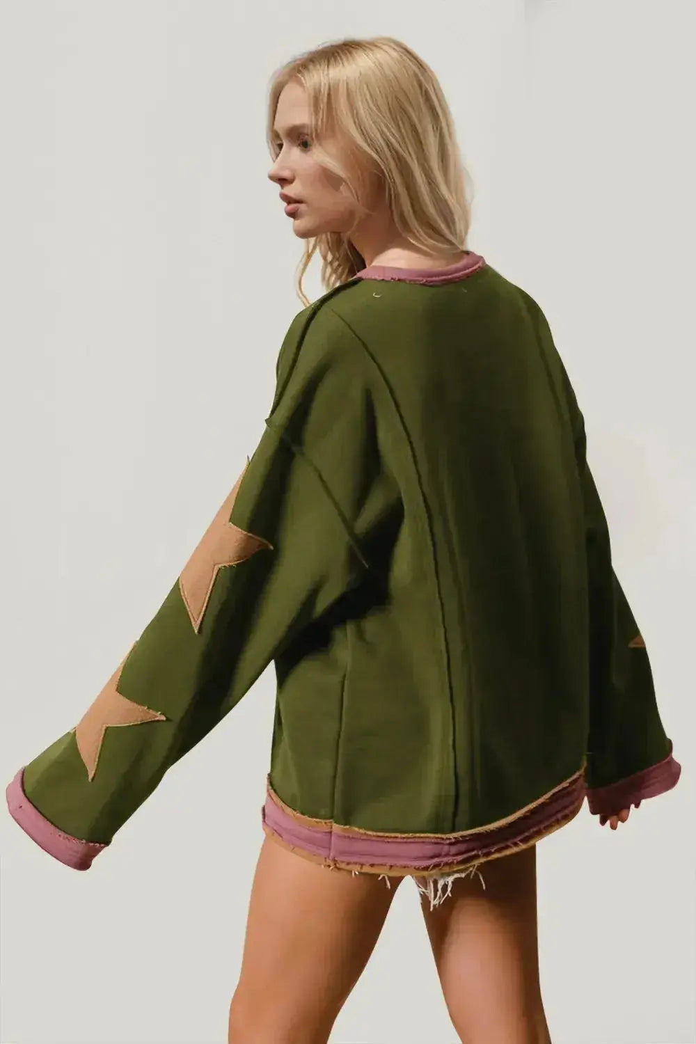 Double Take Star Patched Long Sleeve Sweatshirt - Plush Fashion Hub