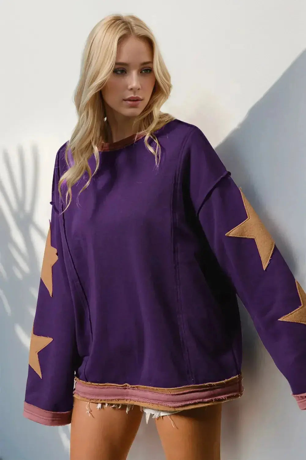Double Take Star Patched Long Sleeve Sweatshirt - Plush Fashion Hub