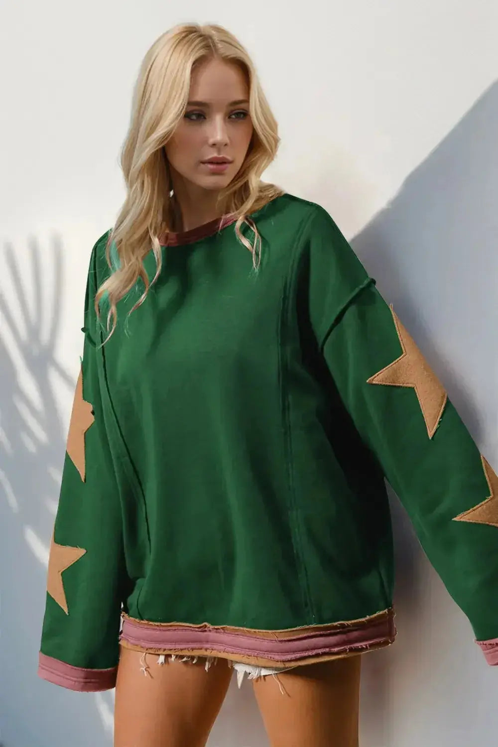 Double Take Star Patched Long Sleeve Sweatshirt - Plush Fashion Hub