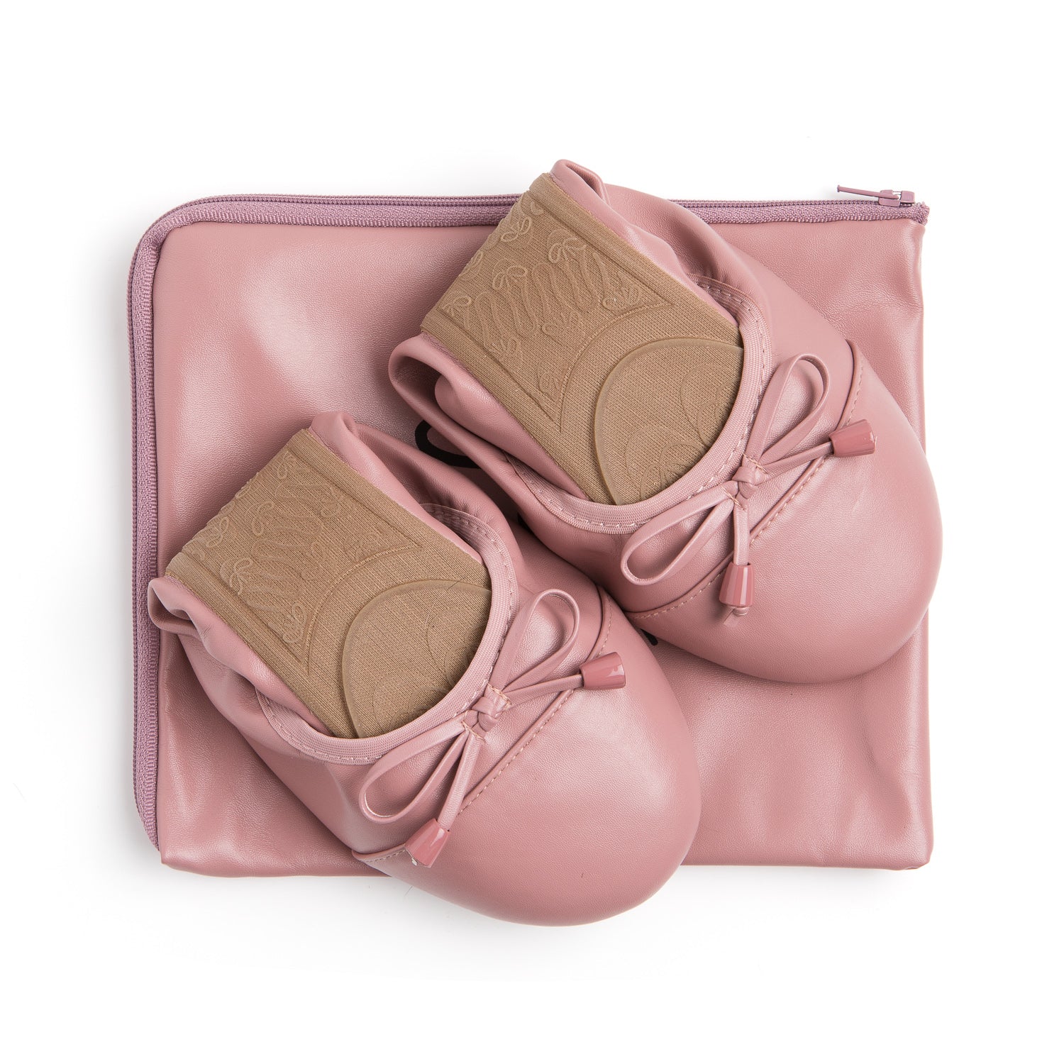 Dusty rose foldable ballet flats with bow detail, resting on a matching zippered carrying case.