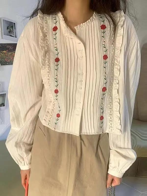 Embroidered Pleated Design Puff sleeve Shirt PAINEVIDA