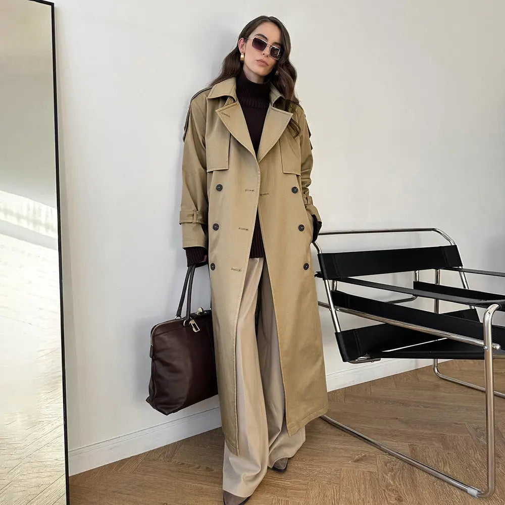 Extended Trench Coat Autumn Winter Pure Cotton Retro Baggy Coat Lace up Waist Trimming Trench Coat Women Perfecsy