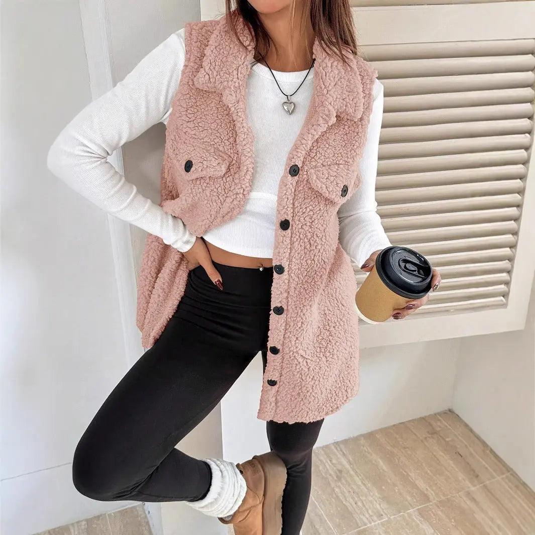 Fall Winter Lapels Open Buckle Plush Vest Cardigan Loose Office Faux Cashmere Women Perfecsy