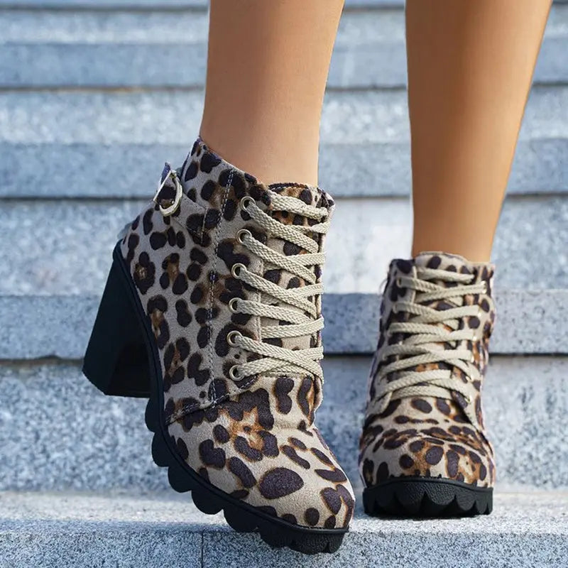 Fashion Leopard Print Ankle Square Heel Suede Lace-up & Zip Boots Plush Fashion Hub