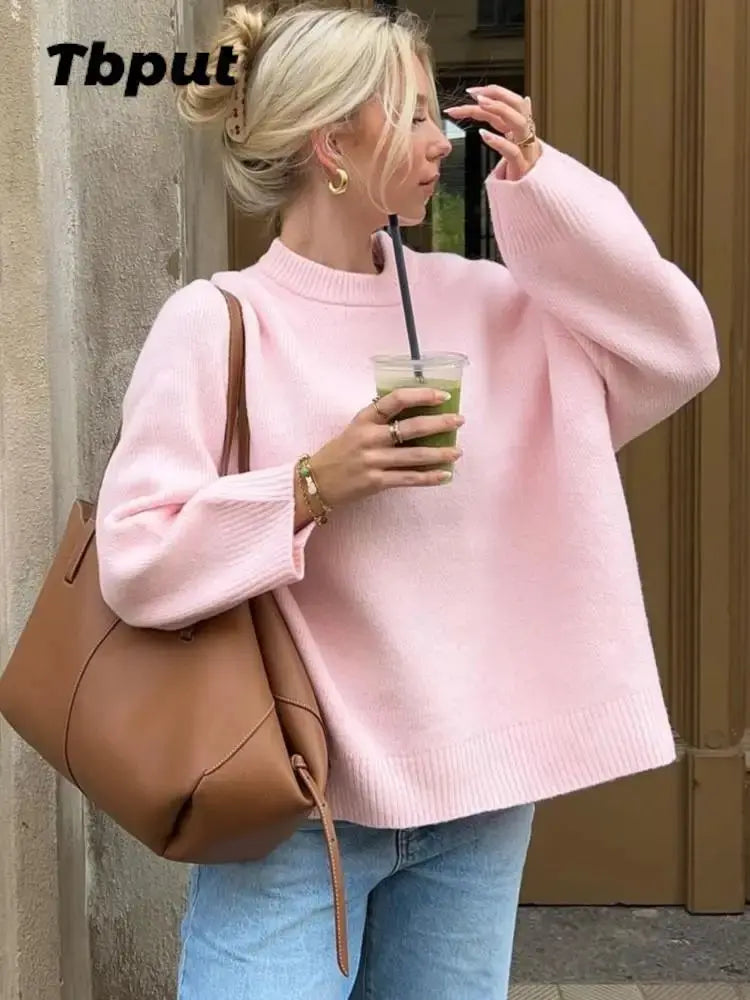 Fashion Pink Solid Warm Thick Loose Women Sweater Plush Fashion Hub