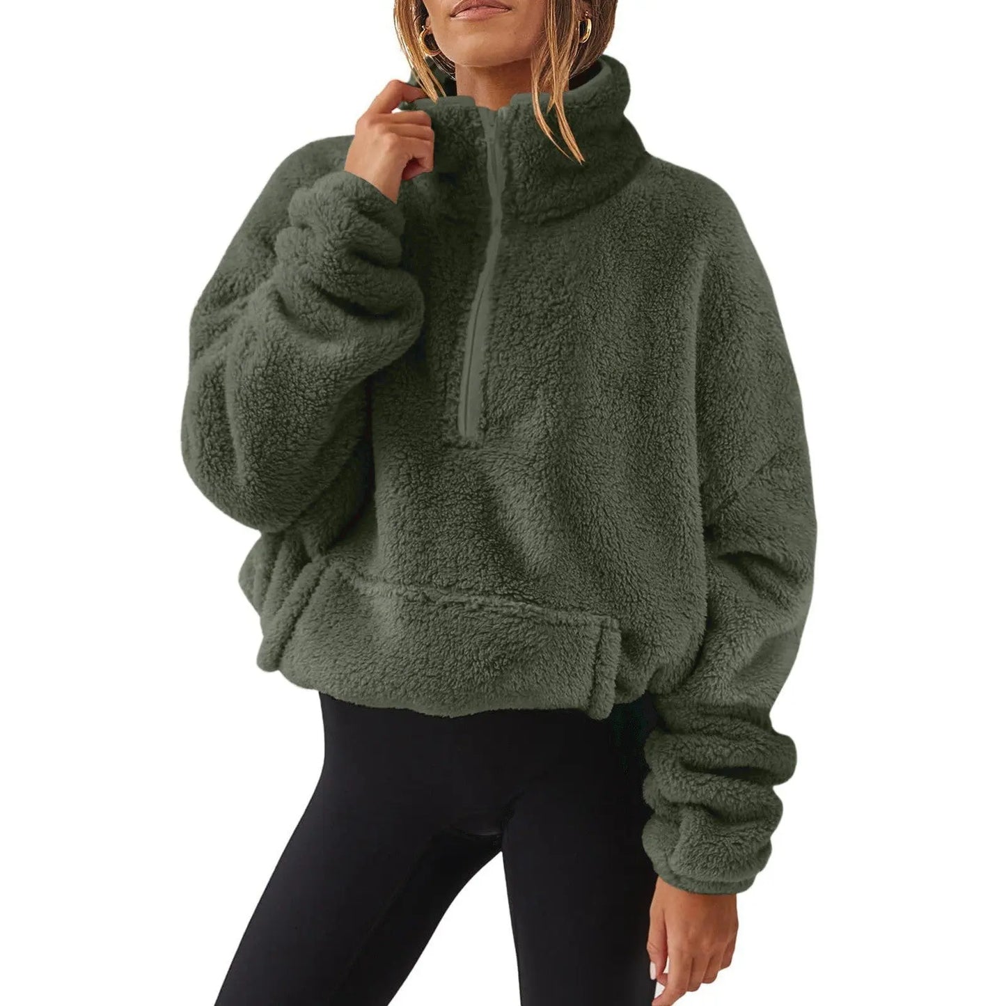 Fleece-lined Women's Half Zipped Stand Collar Sweater - Plush Fashion Hub