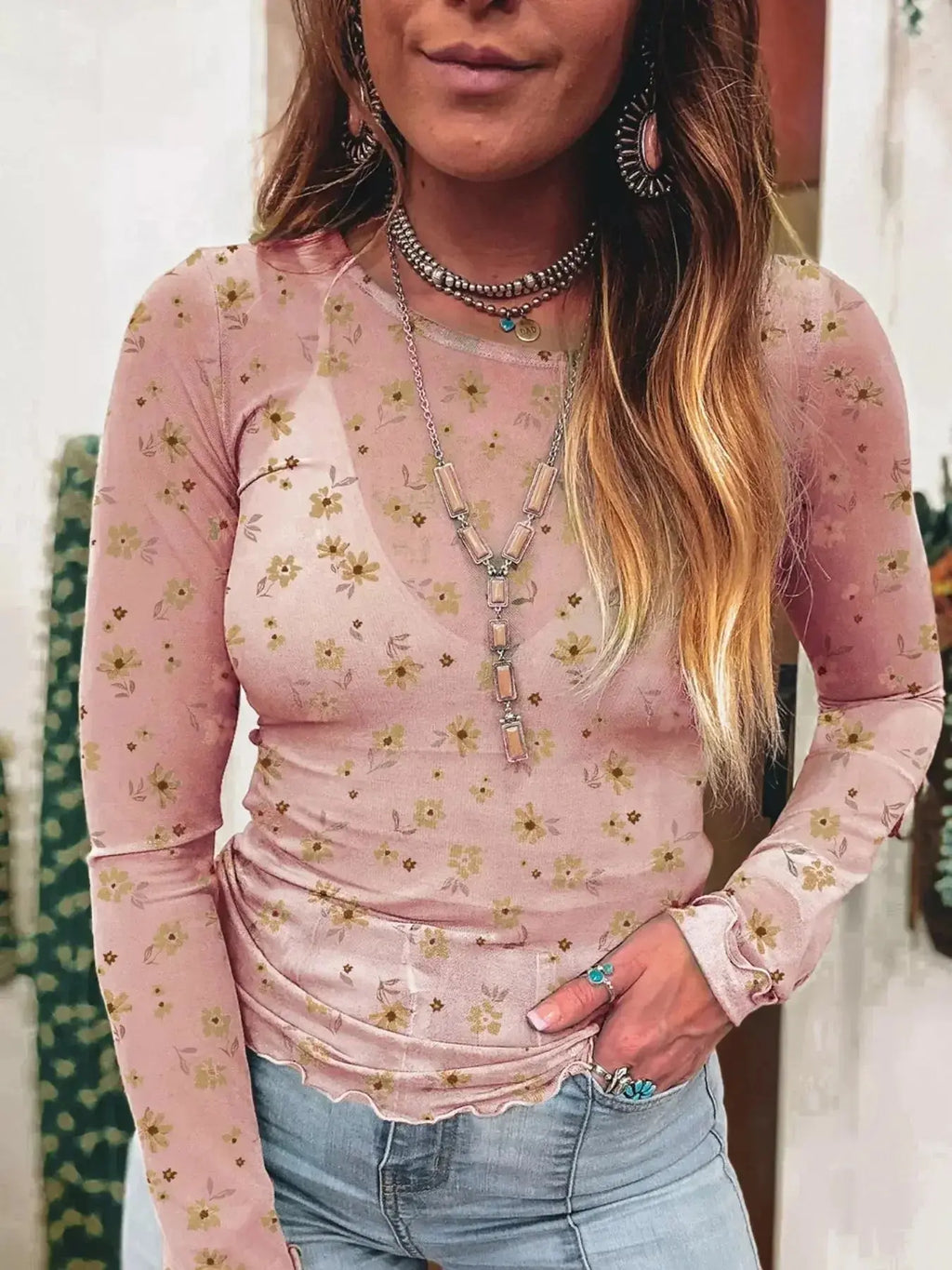 Floral Print Long Sleeve Mesh Blouse - Plush Fashion Hub