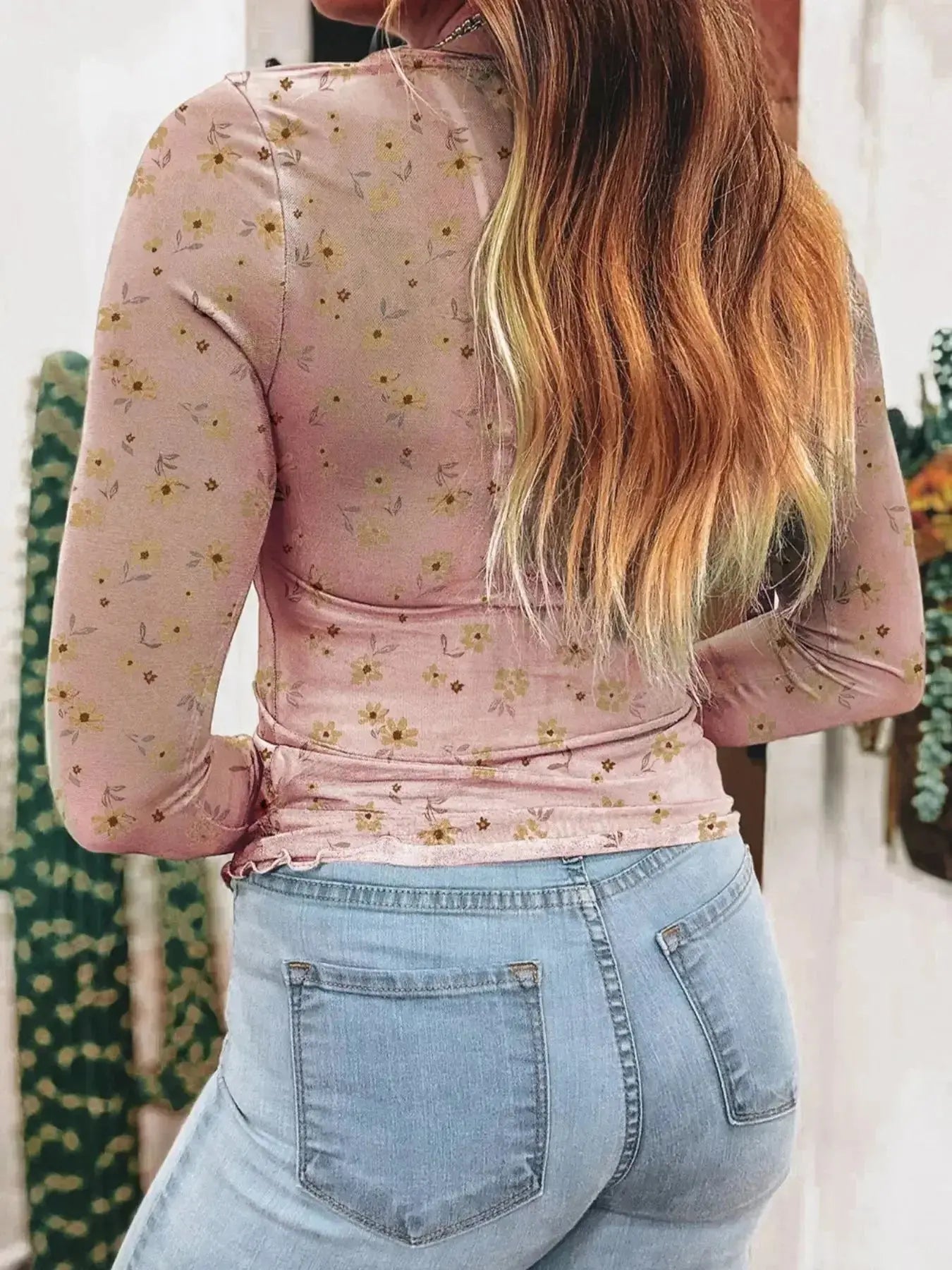 Floral Print Long Sleeve Mesh Blouse - Plush Fashion Hub