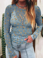 Floral Print Long Sleeve Mesh Blouse - Plush Fashion Hub