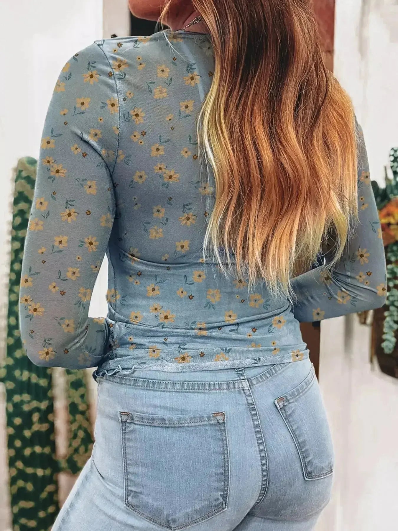 Floral Print Long Sleeve Mesh Blouse - Plush Fashion Hub