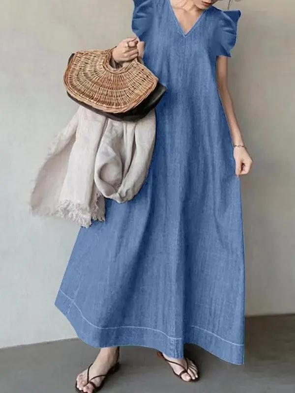 Fly-sleeve Denim Tie Back V-Neck Long Dress Plush Fashion Hub
