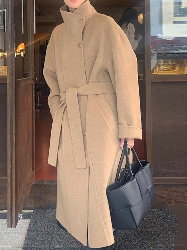 Retro Stand-up Collar Single-breasted Lace-up Woolen Coat Plush Fashion Hub