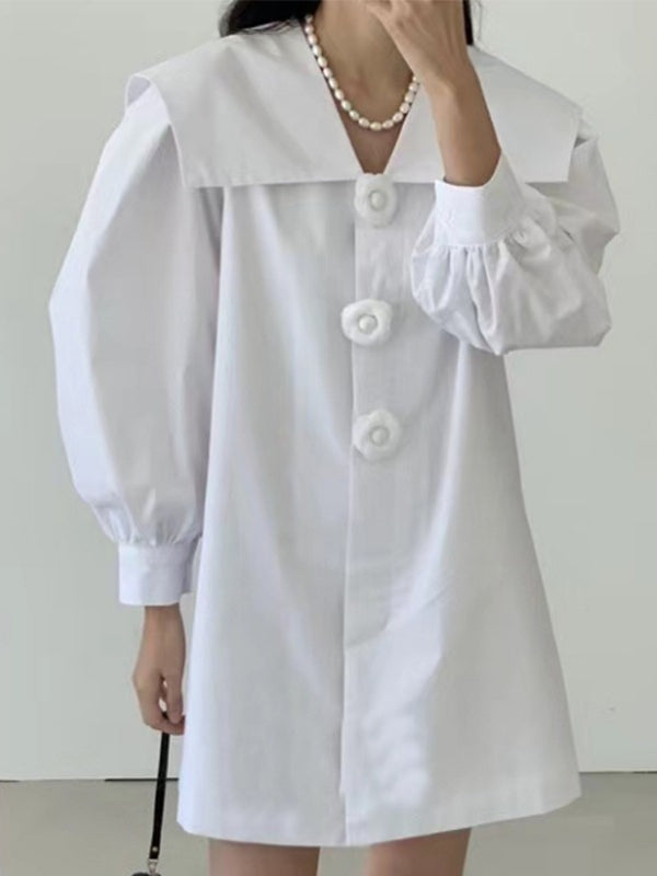 Navy Neck Flower Button Balloon Sleeve Shirt Dress Plush Fashion Hub