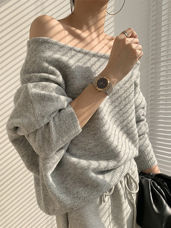 One-shoulder Loose Long-sleeved Knitted Sweater Plush Fashion Hub