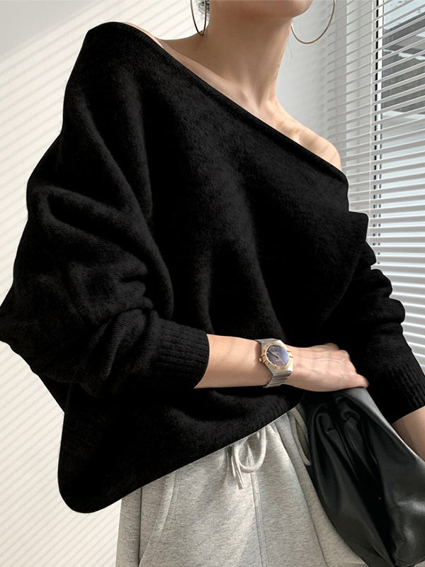 One-shoulder Loose Long-sleeved Knitted Sweater Plush Fashion Hub