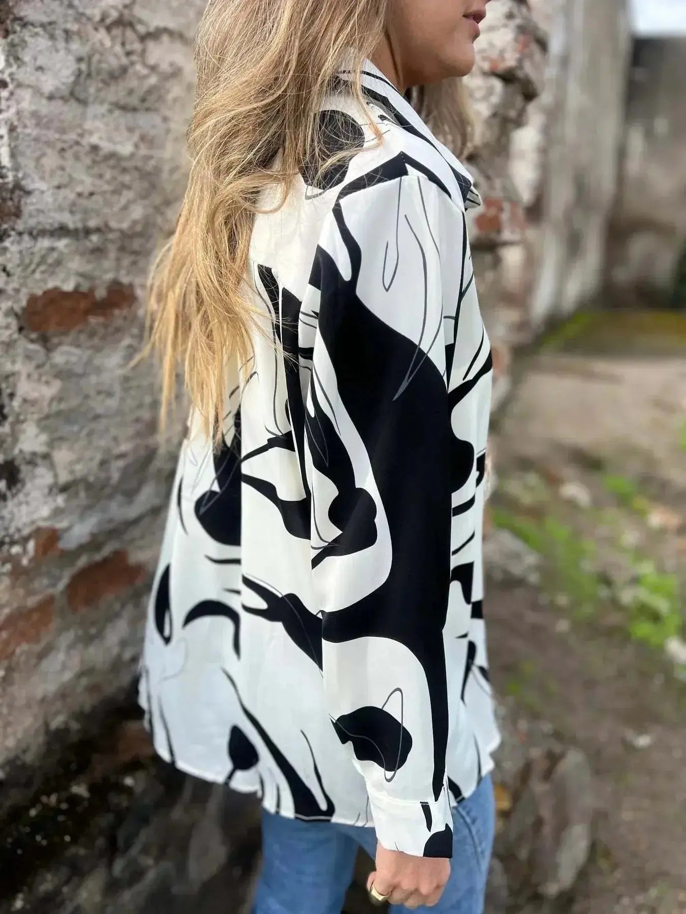 Full Size Abstract Print Long Sleeve Button-Up Shirt Plus Size - Plush Fashion Hub