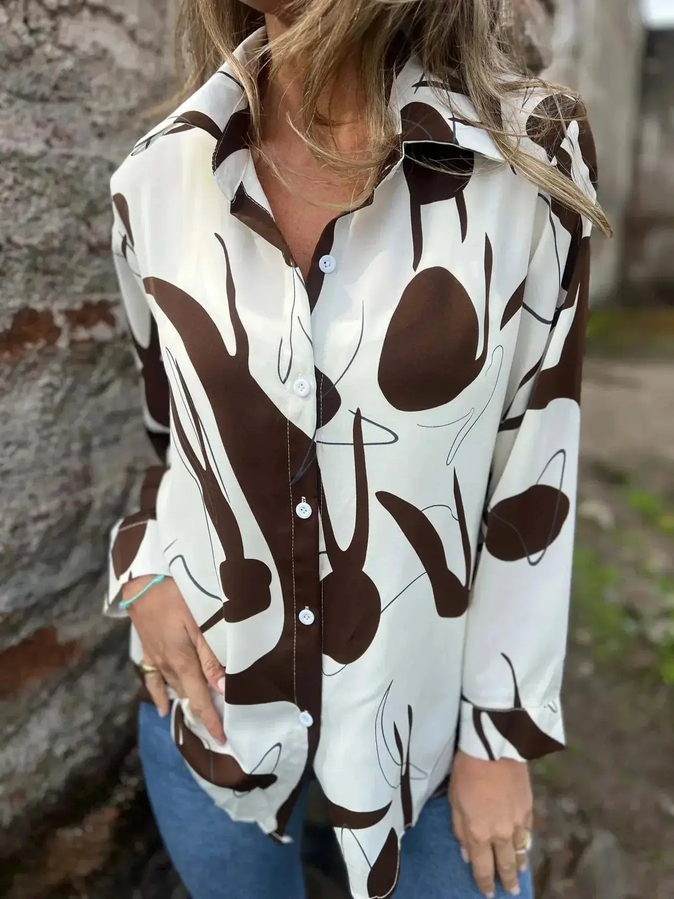 Full Size Abstract Print Long Sleeve Button-Up Shirt Plus Size - Plush Fashion Hub