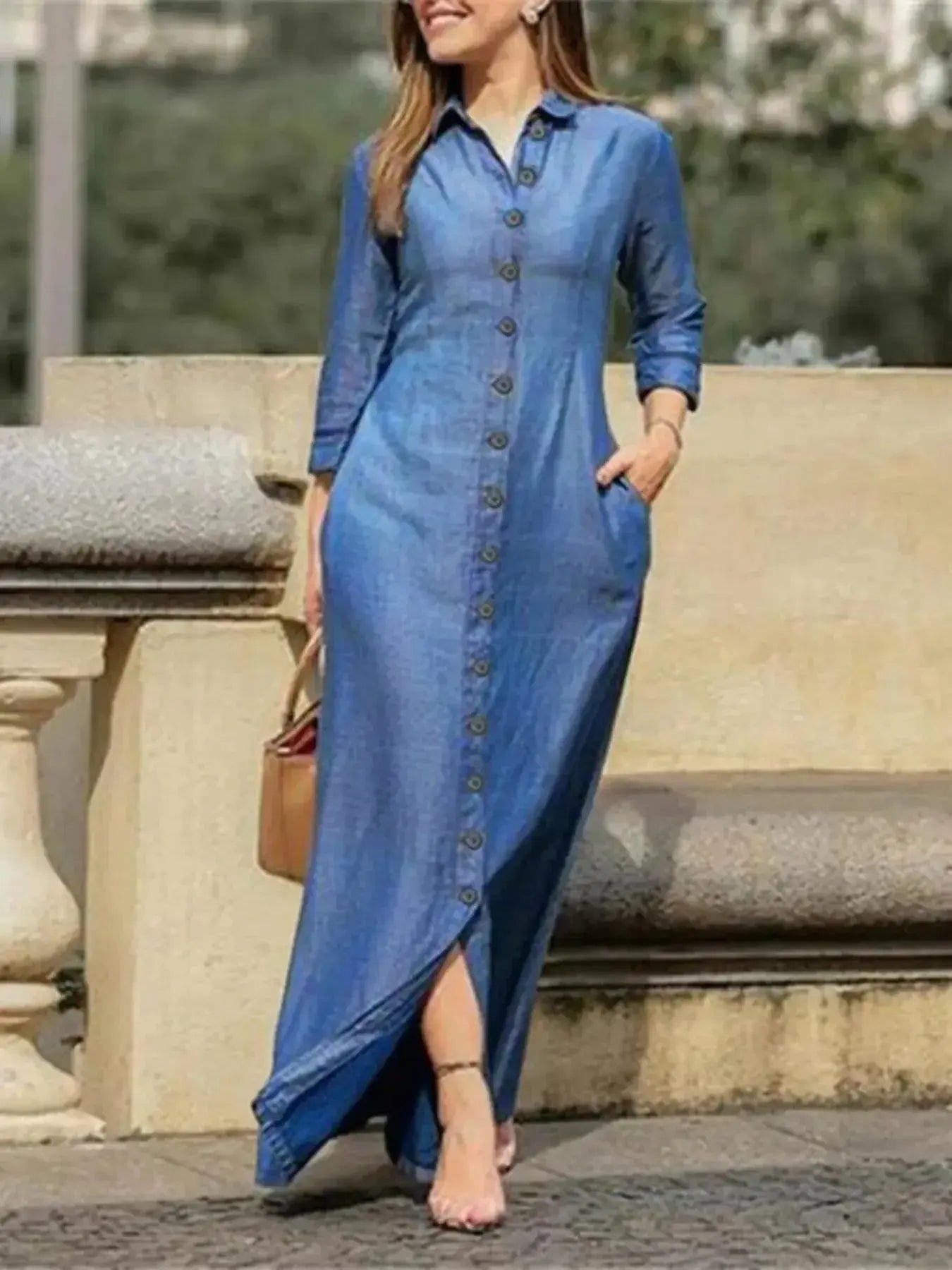 Full Size Button-Down Maxi Denim Dress Plus Size - Plush Fashion Hub