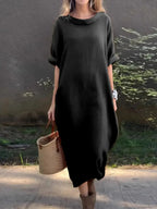 Full Size Casual Loose Fit Round Neck Midi Dress Plus Size - Plush Fashion Hub