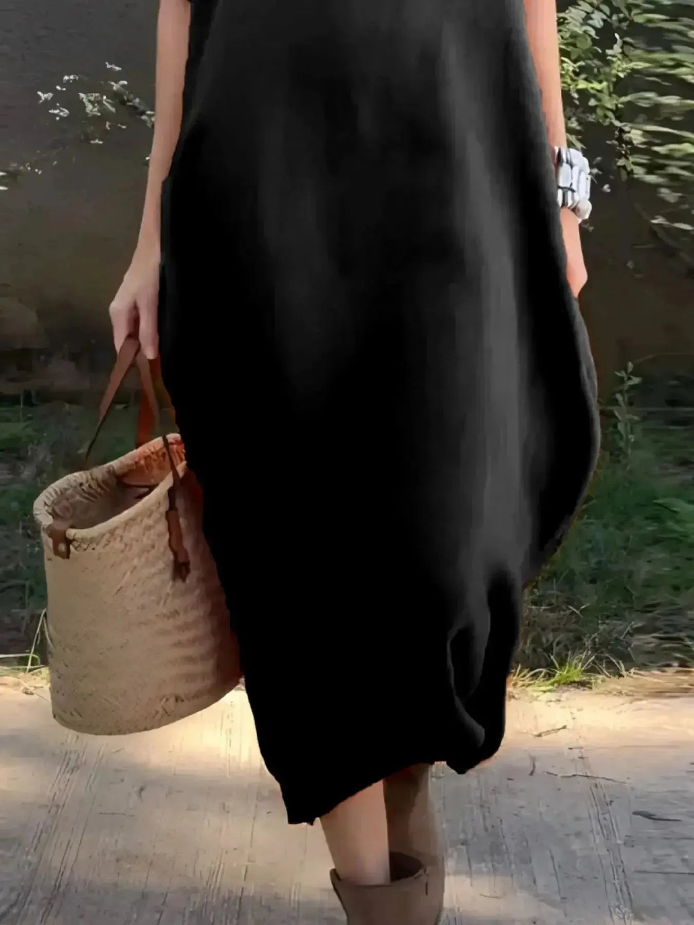 Full Size Casual Loose Fit Round Neck Midi Dress Plus Size - Plush Fashion Hub