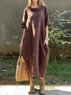 Full Size Casual Loose Fit Round Neck Midi Dress Plus Size - Plush Fashion Hub
