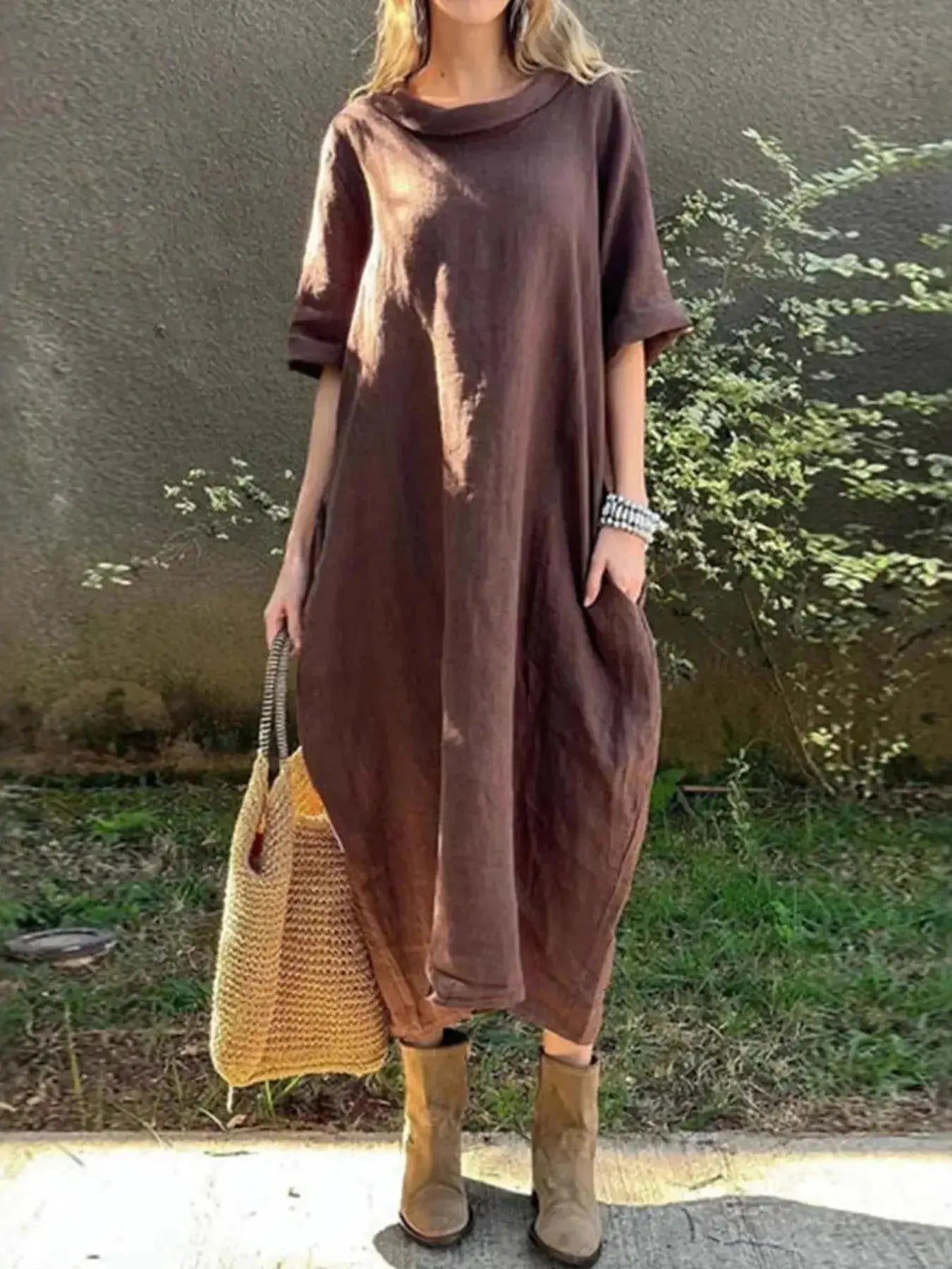 Full Size Casual Loose Fit Round Neck Midi Dress Plus Size - Plush Fashion Hub