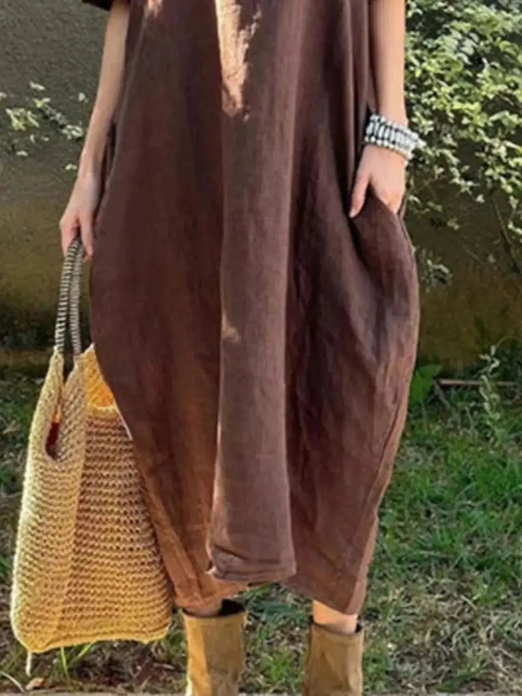 Full Size Casual Loose Fit Round Neck Midi Dress Plus Size - Plush Fashion Hub
