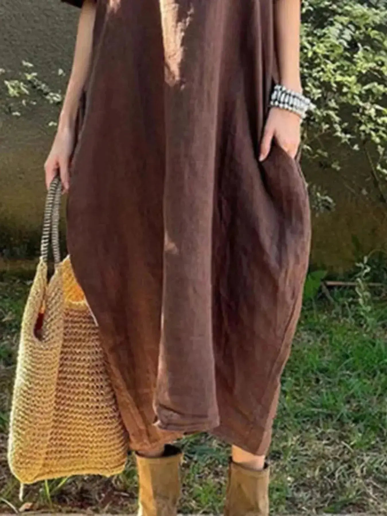 Full Size Casual Loose Fit Round Neck Midi Dress Plus Size - Plush Fashion Hub