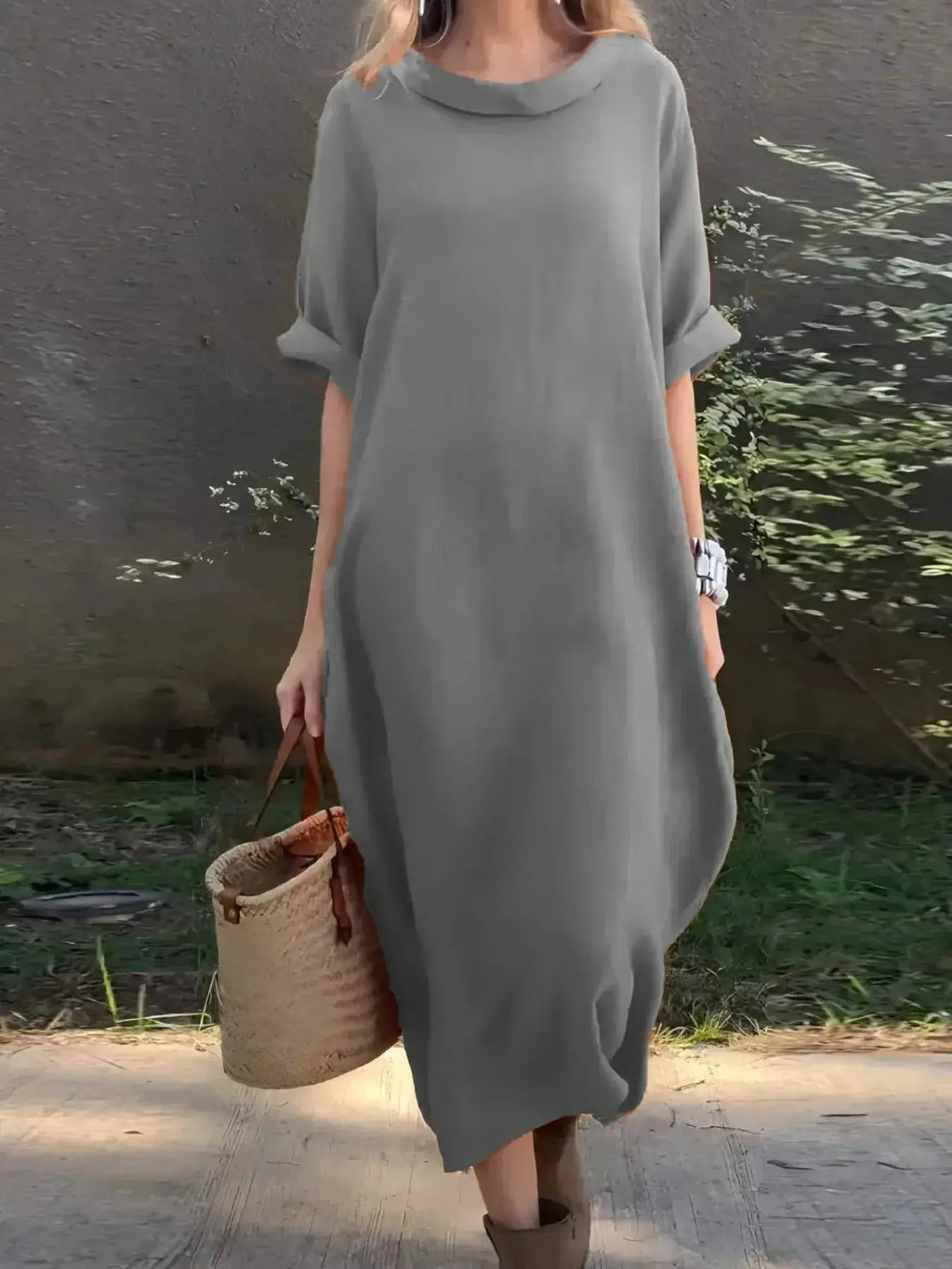 Full Size Casual Loose Fit Round Neck Midi Dress Plus Size - Plush Fashion Hub