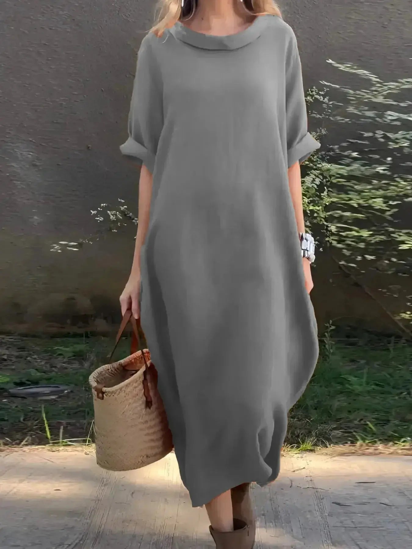 Full Size Casual Loose Fit Round Neck Midi Dress Plus Size - Plush Fashion Hub