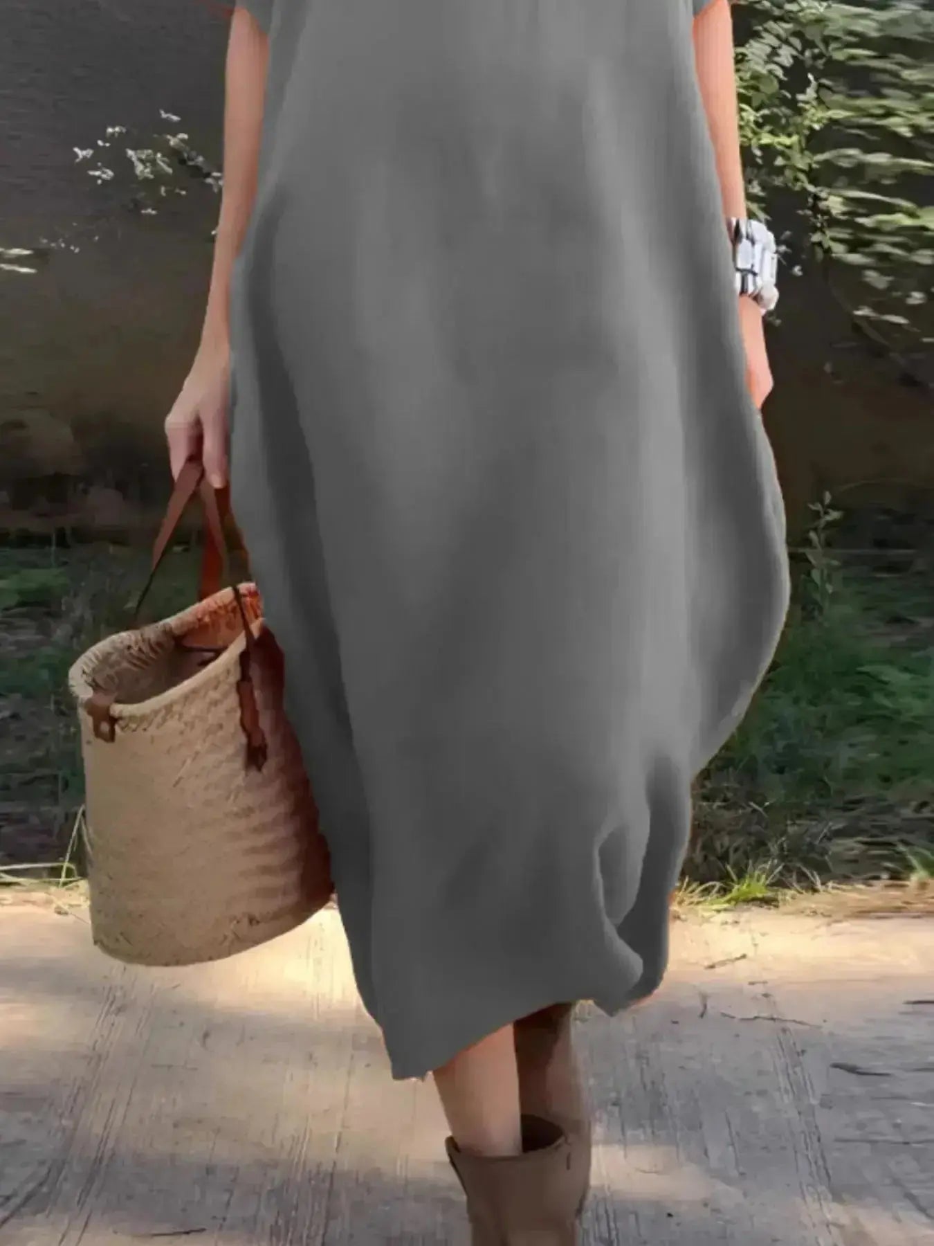 Full Size Casual Loose Fit Round Neck Midi Dress Plus Size - Plush Fashion Hub