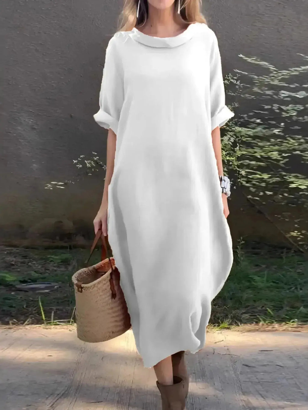 Full Size Casual Loose Fit Round Neck Midi Dress Plus Size - Plush Fashion Hub