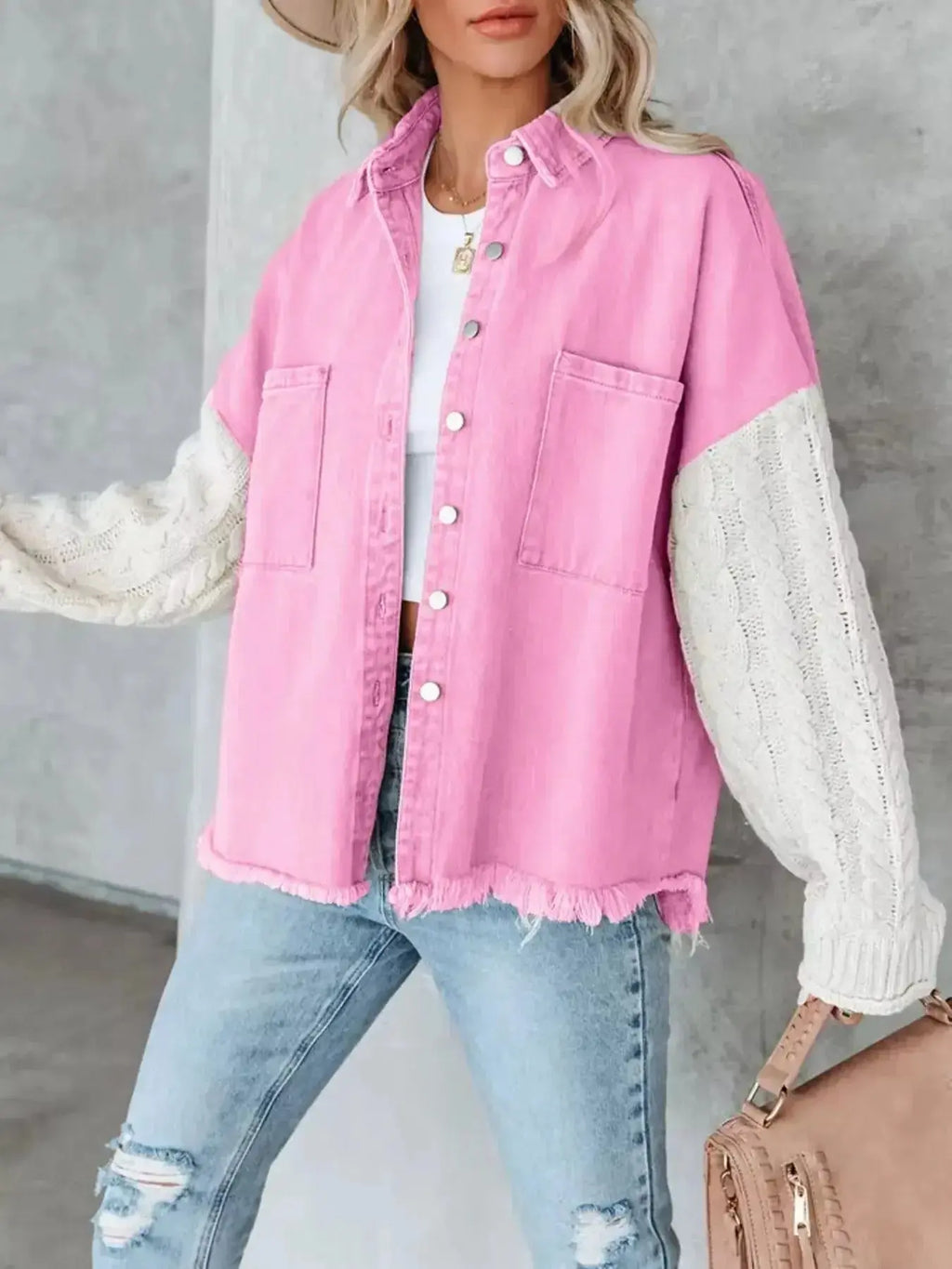 Full Size Raw Hem Button Up Patchwork Denim Jacket Plus Size - Plush Fashion Hub