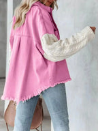 Full Size Raw Hem Button Up Patchwork Denim Jacket Plus Size - Plush Fashion Hub