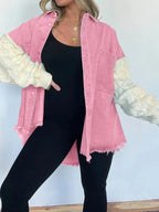 Full Size Raw Hem Button Up Patchwork Denim Jacket Plus Size - Plush Fashion Hub