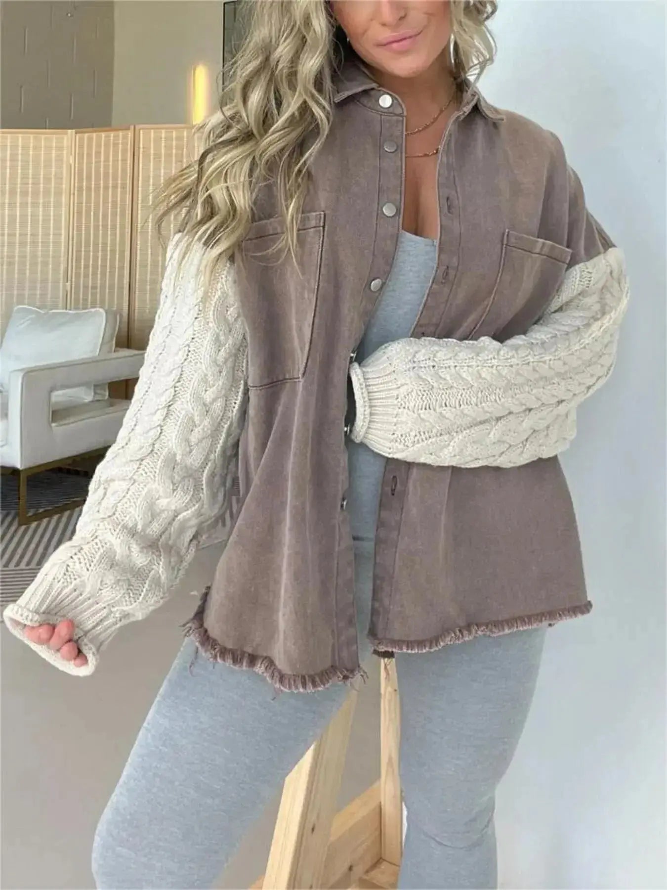 Full Size Raw Hem Button Up Patchwork Denim Jacket Plus Size - Plush Fashion Hub