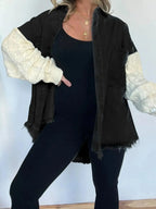 Full Size Raw Hem Button Up Patchwork Denim Jacket Plus Size - Plush Fashion Hub